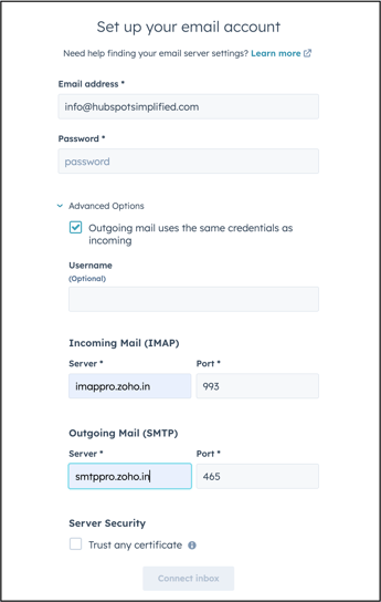 Connect Zoho mailbox to HubSpot